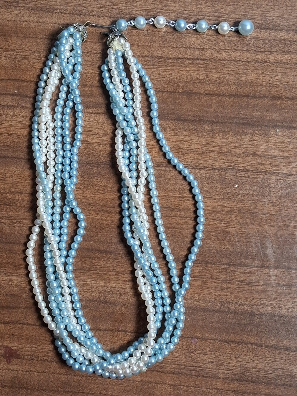 Vintage Multi-Strand Blue and White Faux Pearl Necklace — Elegant Layered Style